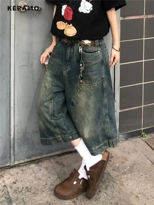 Y2K Harajuku High Street Calf-Length Pants High Waist Street Style Baggy Jean For Women Casual Loose Fit Blue Denim Shorts