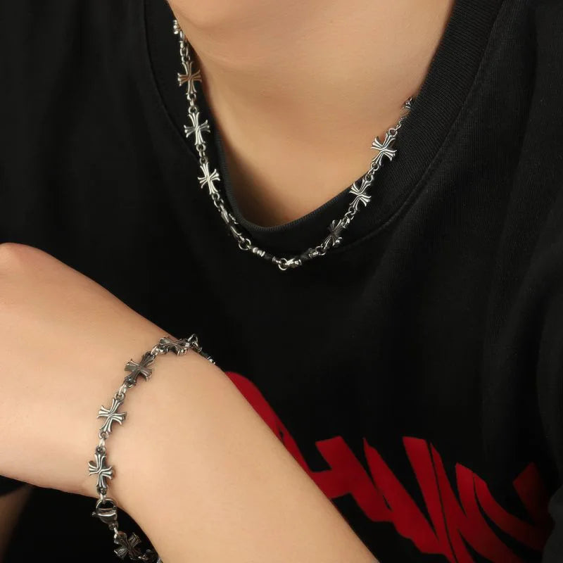 パンクチェーンとクロスネックレス、男女兼用、ヒップホップクロス、トレンドジュエリー、プレミアム鎖骨チェーン、ゴシックブレスレット、Y2Kアクセサリー