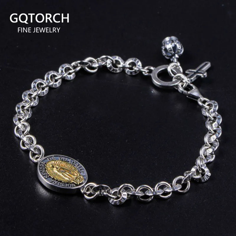 925スターリングシルバー 聖母マリアリンクチェーン カップルブレスレット クリスチャンジュエリー クロスチャーム付き