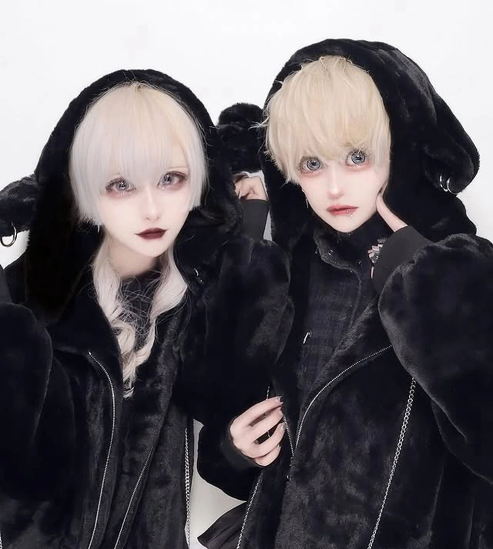 日本製マインシリーズ リベットクロス シープイヤー フード付きジャケット 冬物 新作 ゴスパンク ダークガールズ イミテーションファー プラッシュコート レディース