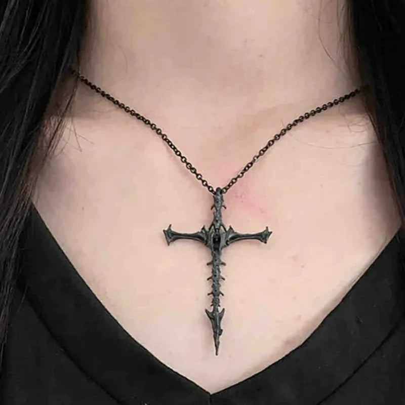 1/2Pcs Unisex Cross Pendant Necklace for Men Women Punk Silver Black Hip Hop Gothic Punk Long Pendant Necklace Jewelry Accessory