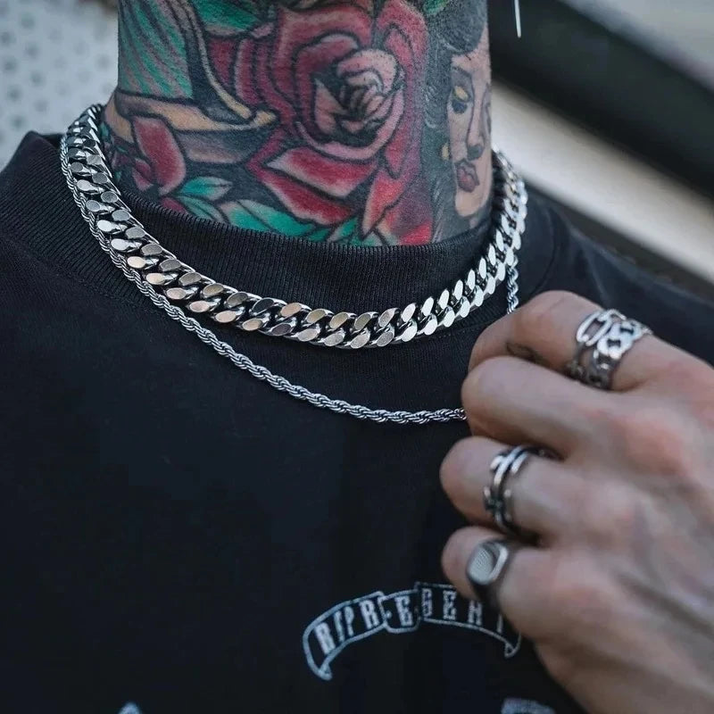 HNSP 8MM-14MM ステンレススチールチェーン キューバネックレス メンズ パンク 厚手 ロングネック 男性ジュエリー シルバーカラー