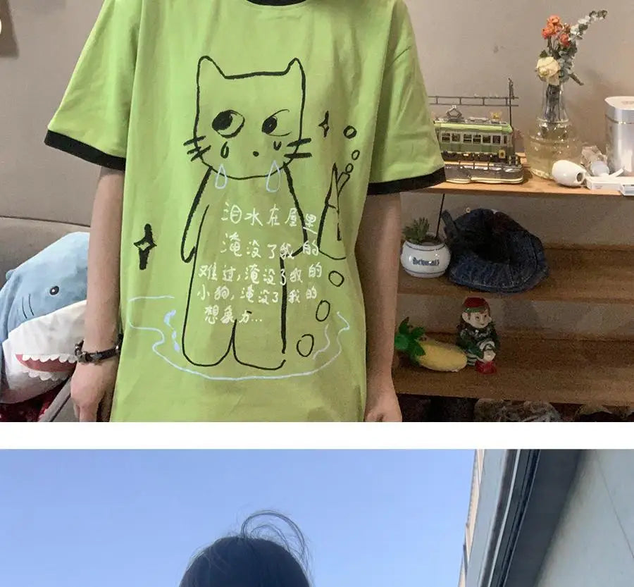 日本のサブカルチャー かわいい猫プリント 半袖Tシャツ レディース 夏 ヴィンテージ グリーン カジュアル ゆったり スウィートガール Y2K トップス