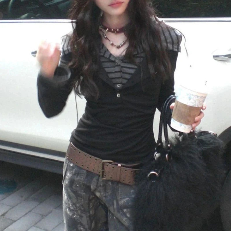 American Vintage Print T-shirt Women Aesthetic Punk Design Long Sleeve Gothic Y2k Tops Subculture Casual Retro Harajuku Tees