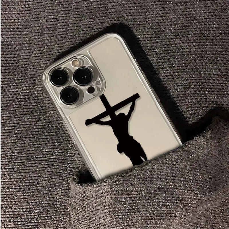 クリエイティブなイエス・キリストの十字架の電話ケース iPhone 16 15 14 13 12 11 Pro Max Plus XS XR X 7 8 Plus Mini 漫画透明ソフトカバー