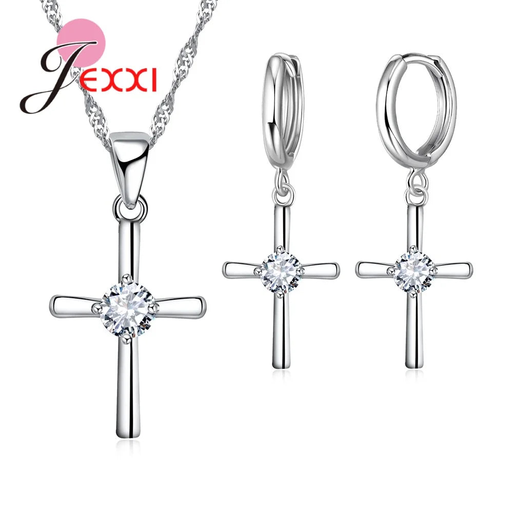 925 Sterling Silver Chain Cross Pendant Necklace Earrings Set Women Girl Bridal Wedding Accessories Female Bijoux Sets