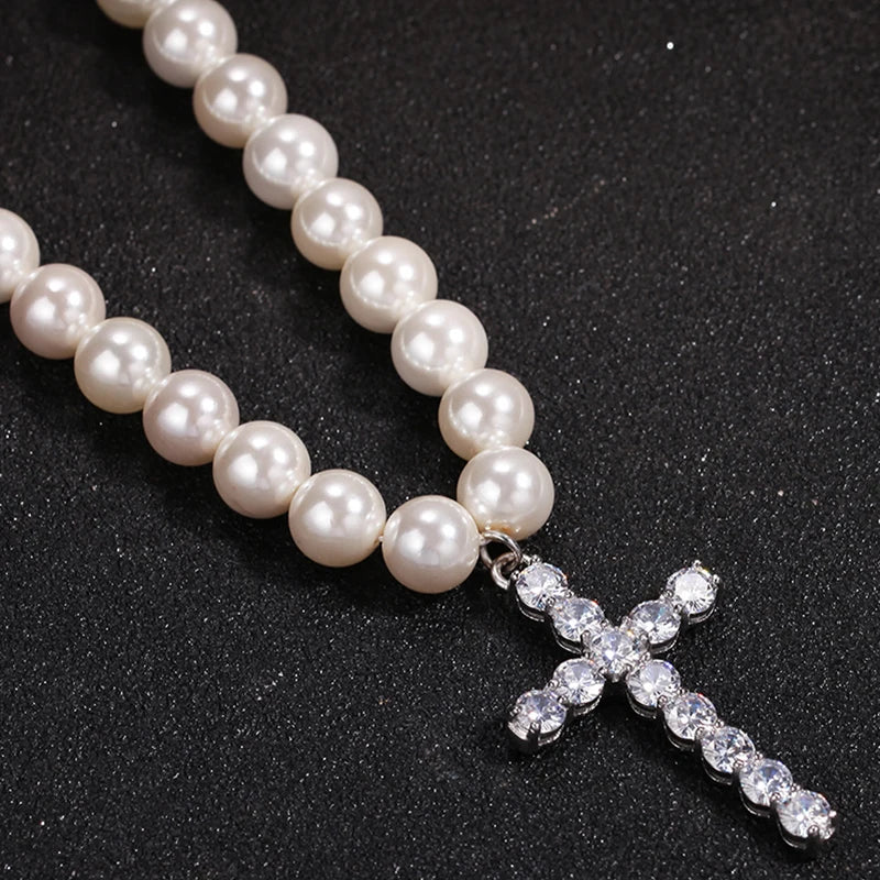 ヴィンテージパールクロスネックレス メンズ クリスタルクロス ラインストーンペンダント シンプルパールビーズチョーカー メンズネックレス ファッションジュエリー