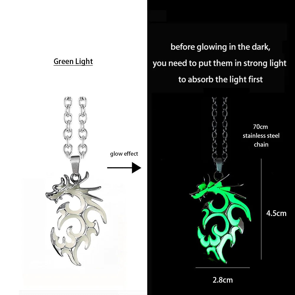 Hiphop Rock Stainless Steel Chain Luminous Alloy Dragon Pendant Glowing Necklace Night Dance Disc Glow In The Dark Necklace