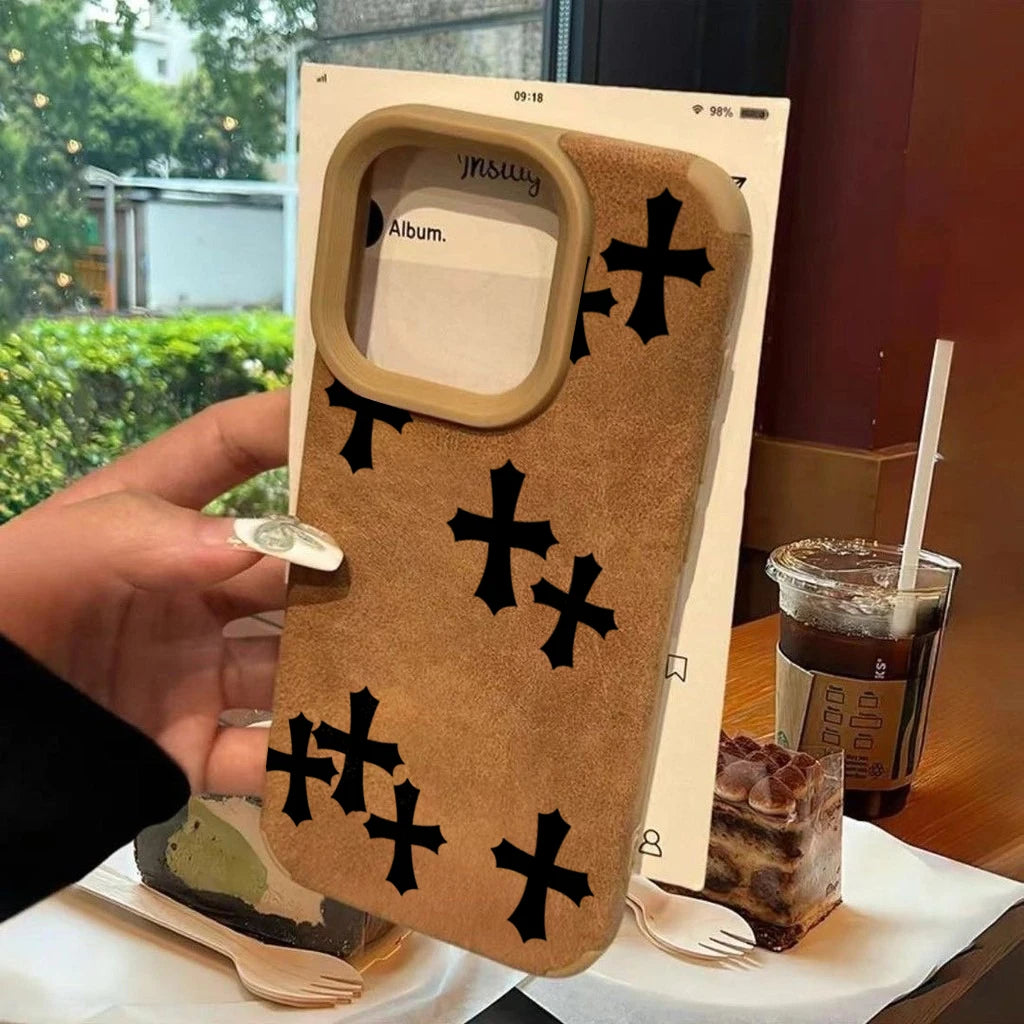 ブラッククロスノーブルイミテーションフェイクレザー携帯ケース iPhone 17 16 15 14 13 12 11 Pro Max XS XR 16 Plus 17Air 耐衝撃カバー