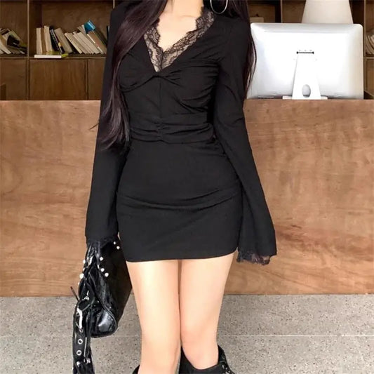 Long Sleeve Black Mini Dress Vintage Sexy Womens Lace Patchwork Y2K Aesthetic Dress High Waist Party Club Women Dress Autumn New