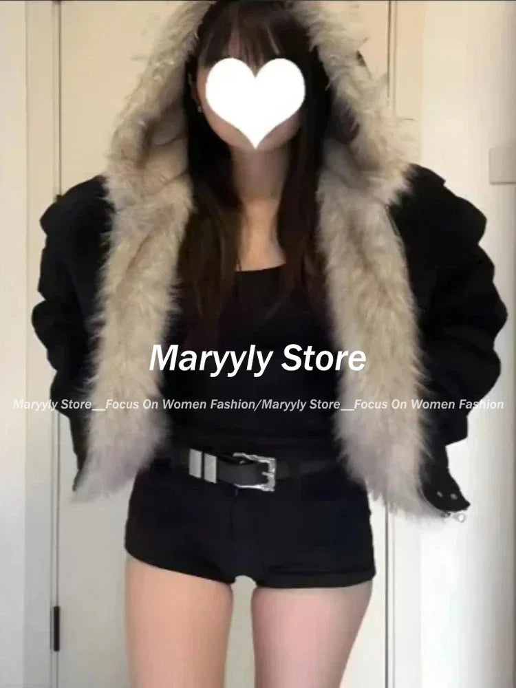 冬用エレガントファールーズコート レディース Y2K 原宿ゴシックカラーフード付き厚手ファッションパーカー カジュアルアウター コットンパッド入りジャケット