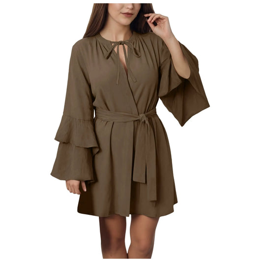 Summer Ruffle Long Sleeve Short Dress For Women Solid Casual V Neck Tie Belt Irregular Mini Dress Lace Up Tiered Beach Dresses