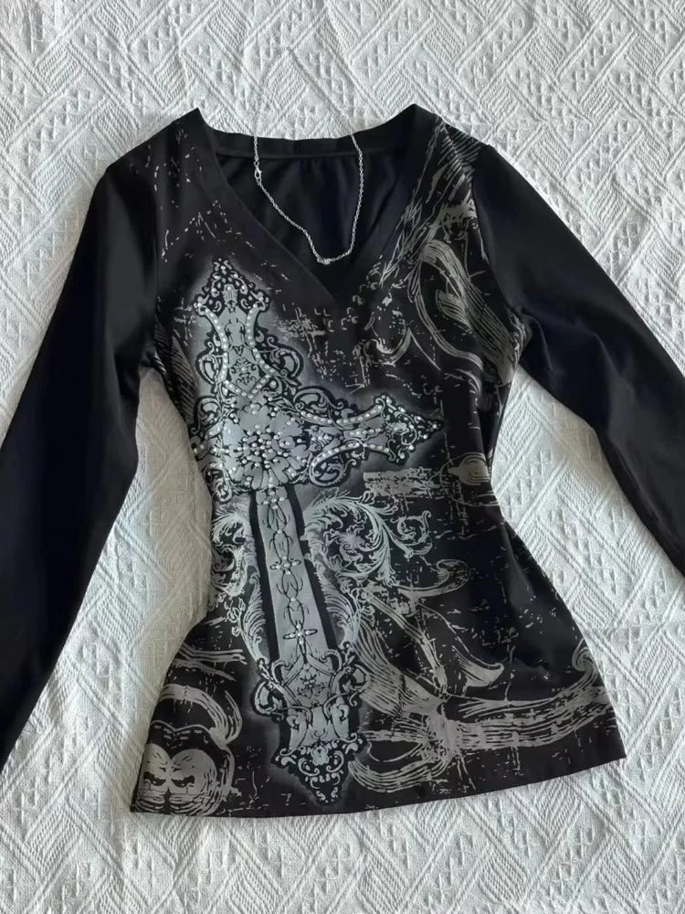 American Vintage Print T-shirt Women Aesthetic Punk Design Long Sleeve Gothic Y2k Tops Subculture Casual Retro Harajuku Tees