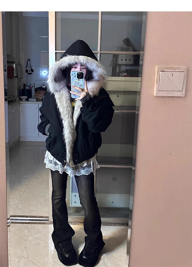 ZAROY レディース&amp;メンズ 冬用ジャケット Y2K ストリートウェア ファーカラー フード付き カジュアル ルーズコート 暖かい 原宿系 パーカー ゴシック パーカー куртк