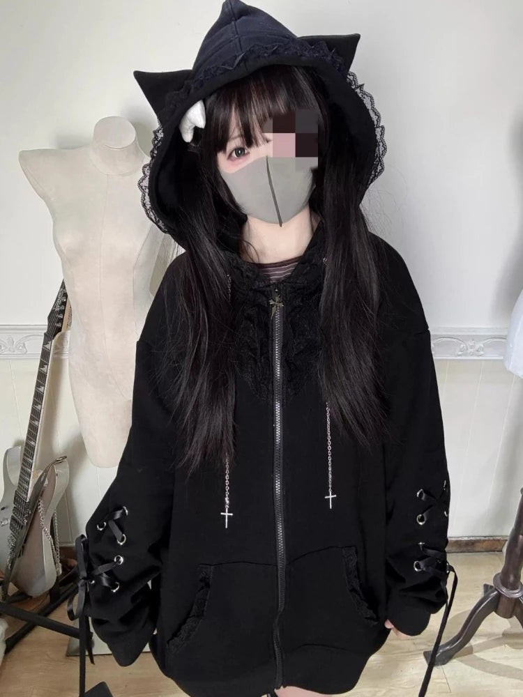 ゴシックサブカルチャーブラックレースルーズパーカーレディース秋美的愛らしい長袖フード付きコートカジュアル暖かい冬オーバーコート