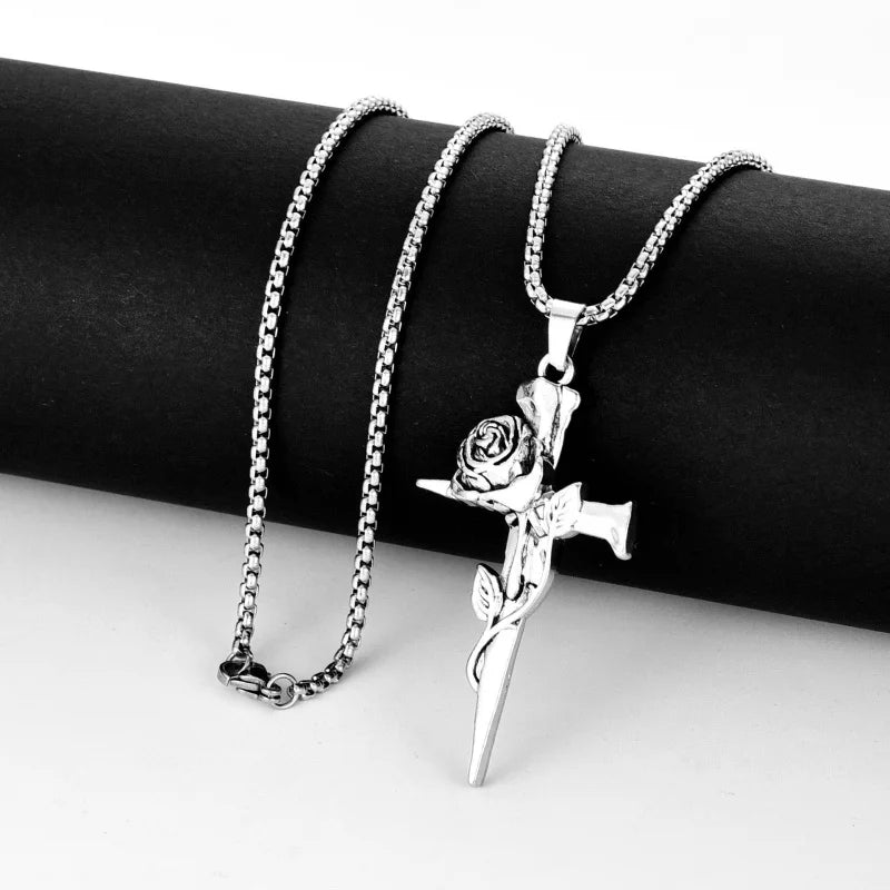 Vintage Rose Flower Cross Personality Trendy Jewelry for Men and Women Long Necklace Hip Hop Couple Alloy Pendant Sweater Chain