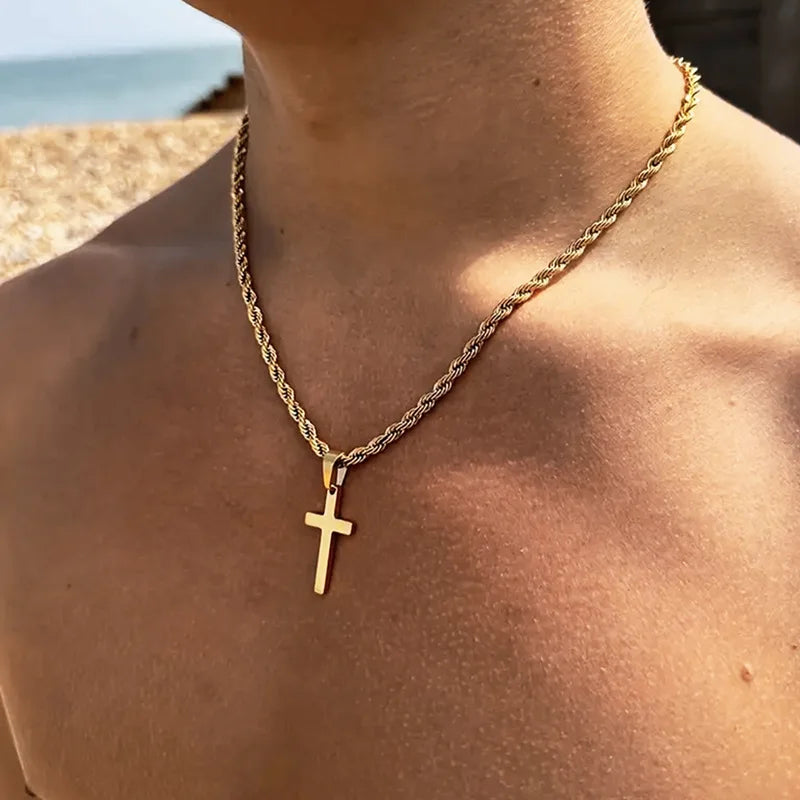 ステンレススチール製クロスペンダントネックレス（メンズ、レディース、ミニマリスト、ゴールドカラージュエリー、男性、女性用ネックレス、チョーカー、ギフト、2024年）