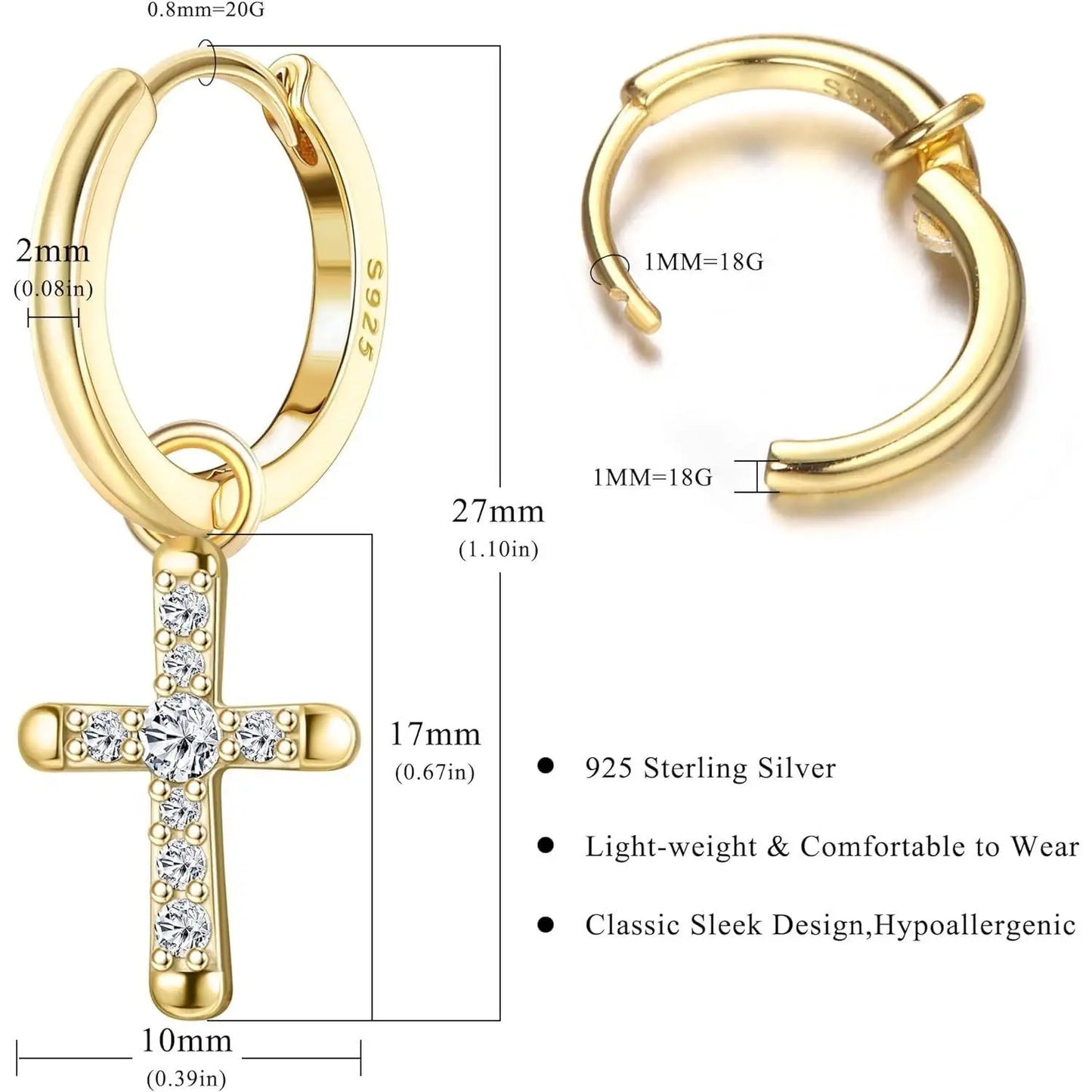 Fansilver 925スターリングシルバー クロスイヤリング レディース メンズ 華奢なCZハギーフープイヤリング アイスアウトクロスダングルイヤリング ボックス付き