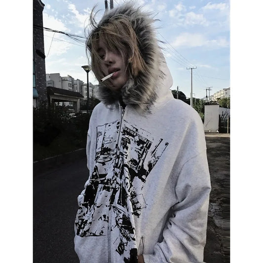 アメリカンヴィンテージ ブラックフェイクファー スウェットシャツ レディース レタープリント サブカルチャーコート フード付き レディース ゴシック 原宿ジャケット Y2K