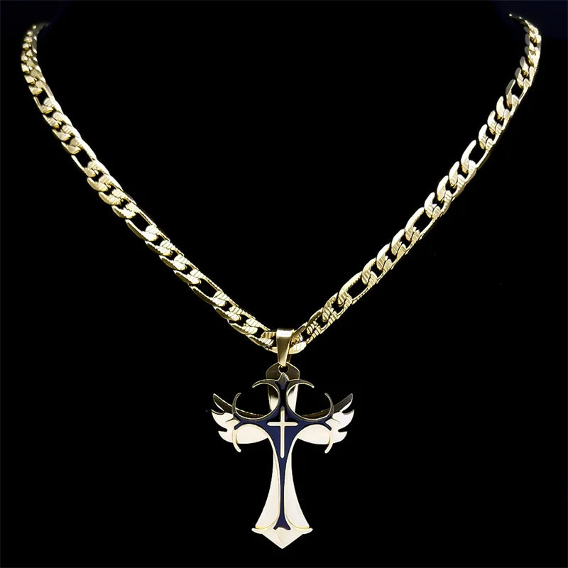 多層クリスチャンクロスペンダントネックレス メンズ ヒップホップ ステンレススチール ゴールドカラー 十字架ネックレス 男性用ジュエリーギフト