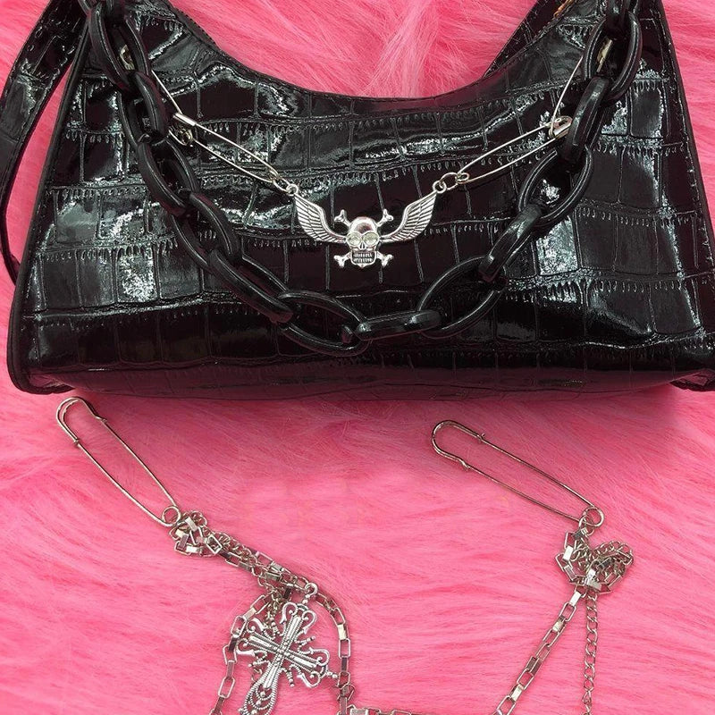 クロコダイル柄ハンドバッグ Y2K クロススカル ショルダーバッグ ホットガールチェーン サマーサブカルチャー ダークパンク アンダーアームバッグ