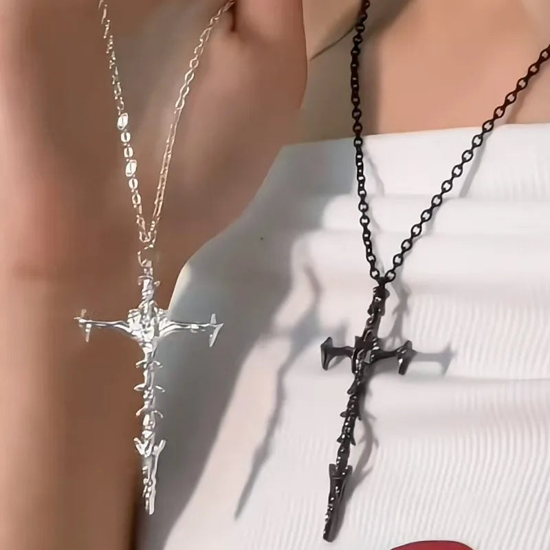1/2Pcs Unisex Cross Pendant Necklace for Men Women Punk Silver Black Hip Hop Gothic Punk Long Pendant Necklace Jewelry Accessory