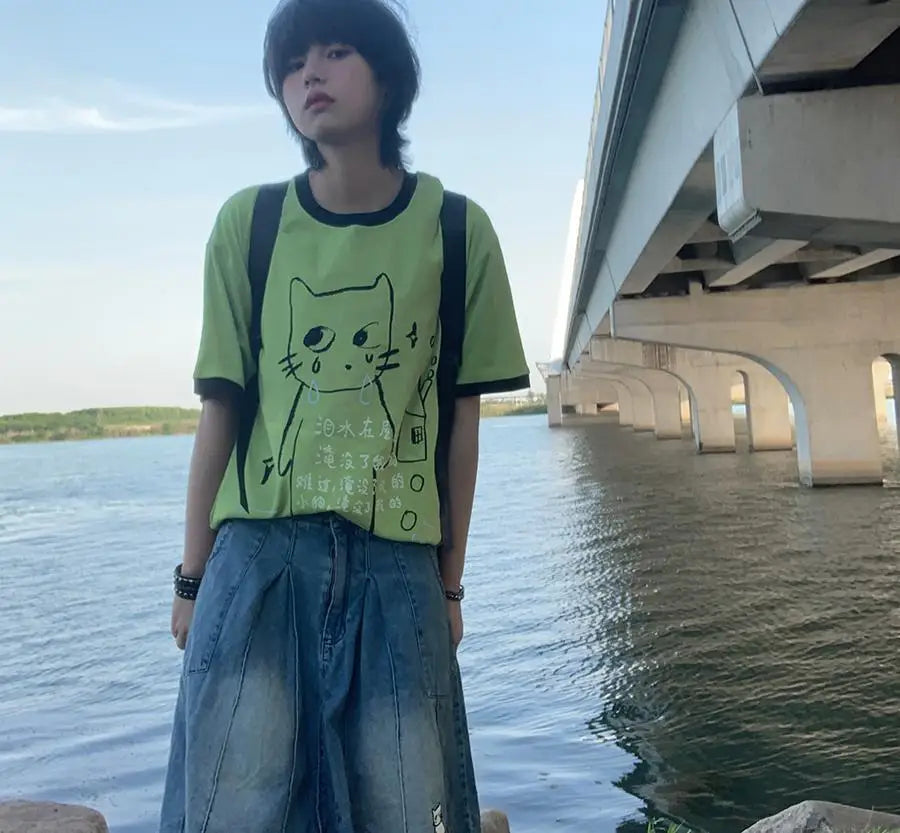 日本のサブカルチャー かわいい猫プリント 半袖Tシャツ レディース 夏 ヴィンテージ グリーン カジュアル ゆったり スウィートガール Y2K トップス