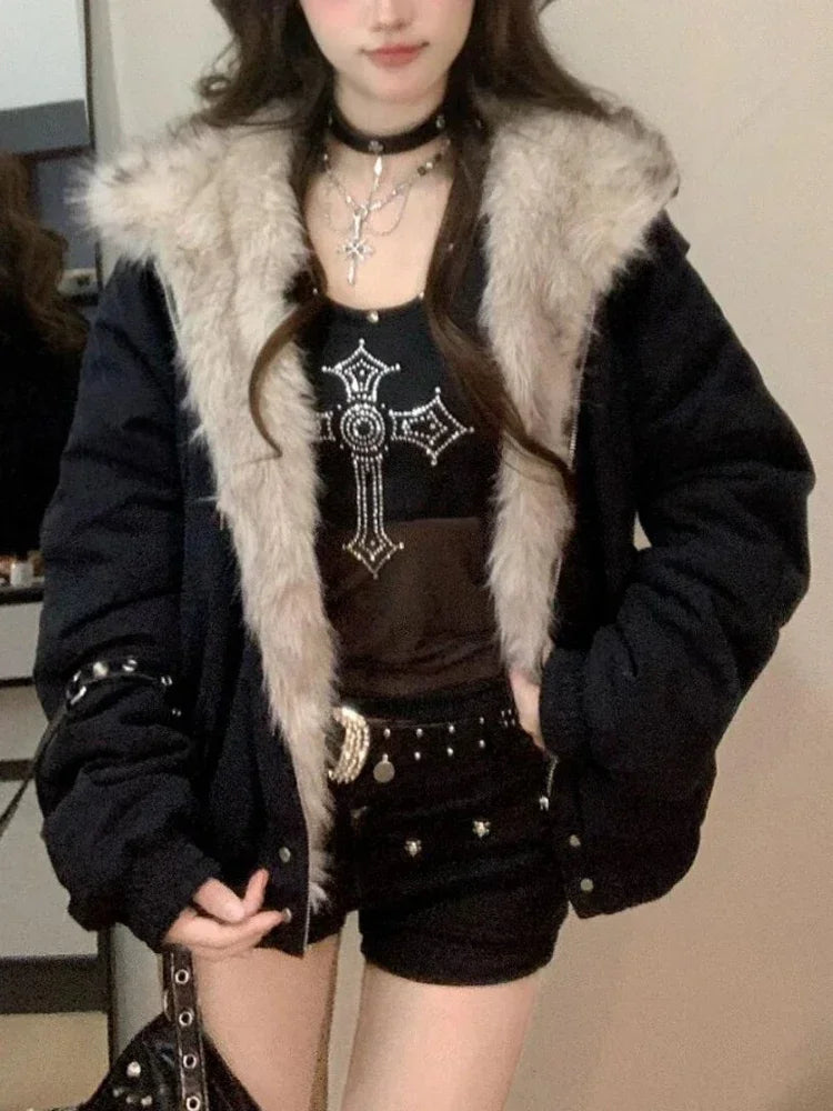 冬用エレガントファールーズコート レディース Y2K 原宿ゴシックカラーフード付き厚手ファッションパーカー カジュアルアウター コットンパッド入りジャケット