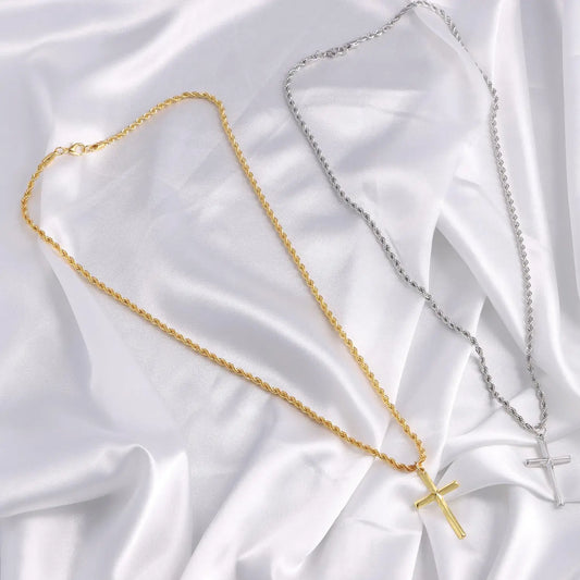 Stainless Steel Cross Pendant Necklace for Men Boys 18K Gold Plated Silver Simple Twisted Chain Fashionable Jewelry Beach Party