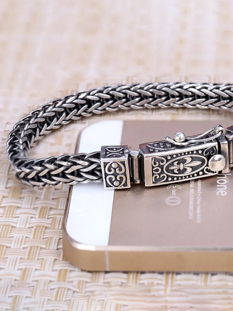 925シルバーヴィンテージバングルドラゴンボーンチェーン織りブレスレット女性と男性用ダブルチェーンバックル宴会ジュエリー着用可能