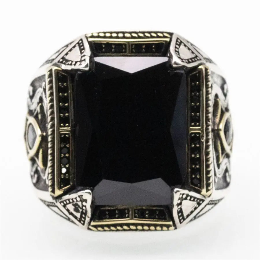 オリジナル925スターリングシルバーの圧倒的なトルコ風デザインメンズリング、ブラックキュービックジルコニアストーン付き