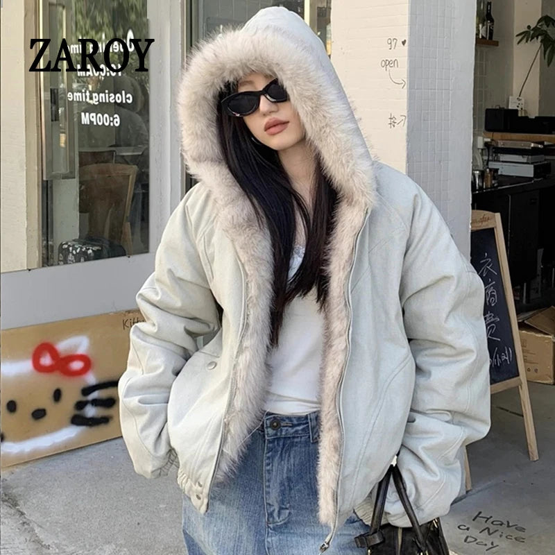ZAROY レディース&amp;メンズ 冬用ジャケット Y2K ストリートウェア ファーカラー フード付き カジュアル ルーズコート 暖かい 原宿系 パーカー ゴシック パーカー куртк