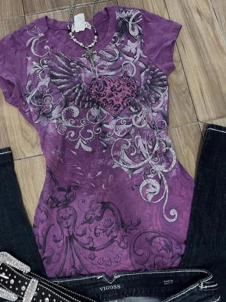 レディース サブカルチャー ヴィンテージ パープルプリント Tシャツ 夏 Y2K アメリカンレトロ スリムTシャツ カジュアル 原宿 グランジ ファッション トップス 新着