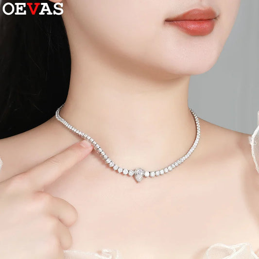 OEVAS 3-4.5mm Full Moissanite Tennis Necklace S925 Silver Lab Diamond Waterdrop Pendant For Women Party Fine Jewelry