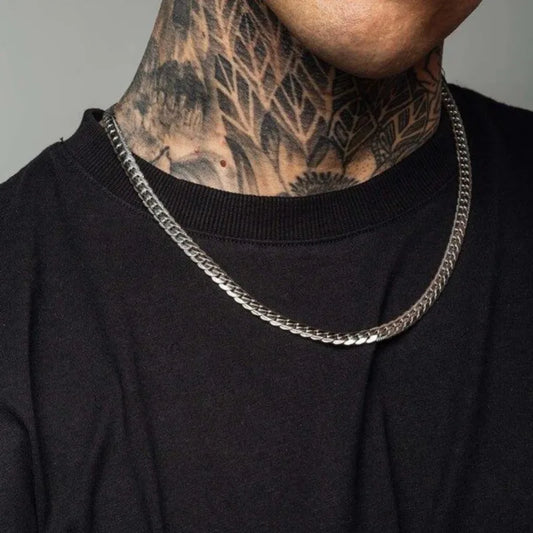 男性用高光沢キューバチェーンネックレス、7mmステンレススチールフラットキューバチェーンカラー、50/55/60cm男性用チェーン