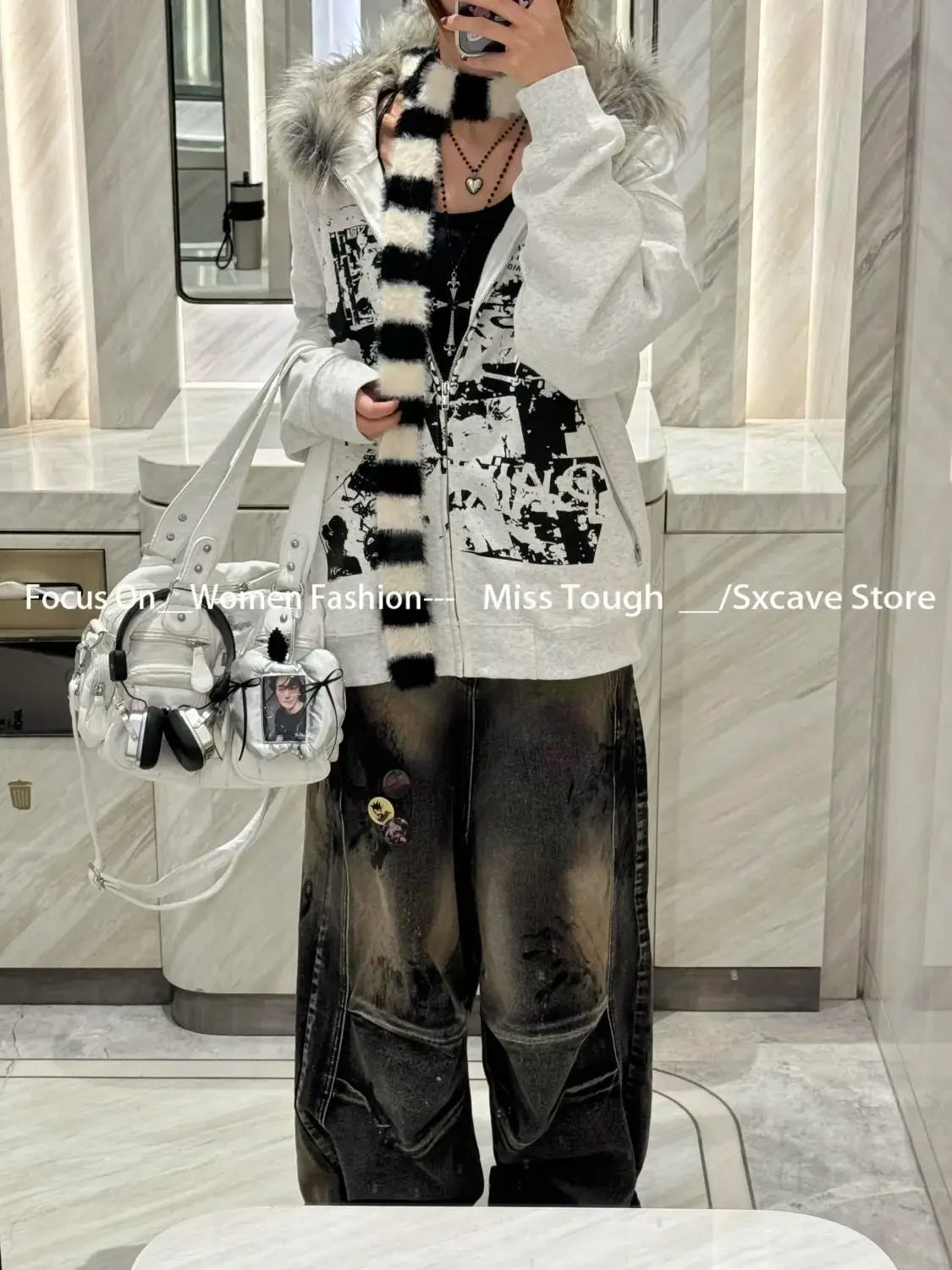 サブカルチャーゴシックコート、フード付き原宿プリントジャケット、2000年代アメリカンヴィンテージフェイクファースウェットシャツ、レディースカジュアルY2Kシック