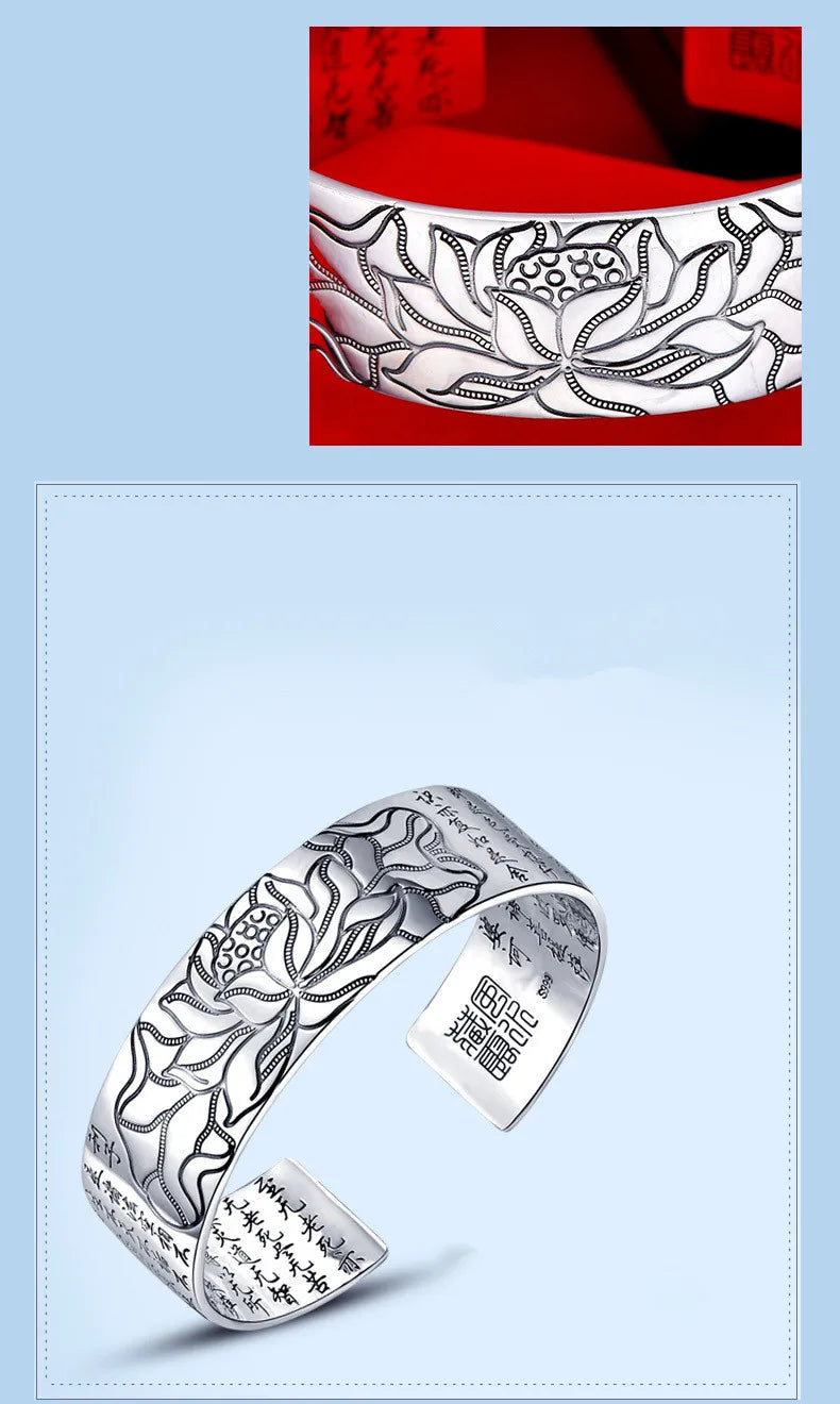 925スターリングシルバー 新作 レディース メンズ ファッションジュエリー レトロ 蓮の彫刻 仏教経典 祝福ブレスレット