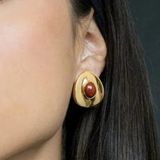 Uworld Vintage 18K Gold Color Plated Stainless Steel Red Resin Geometric Concave Surface Ear Studs Hunter Statement Studs сер