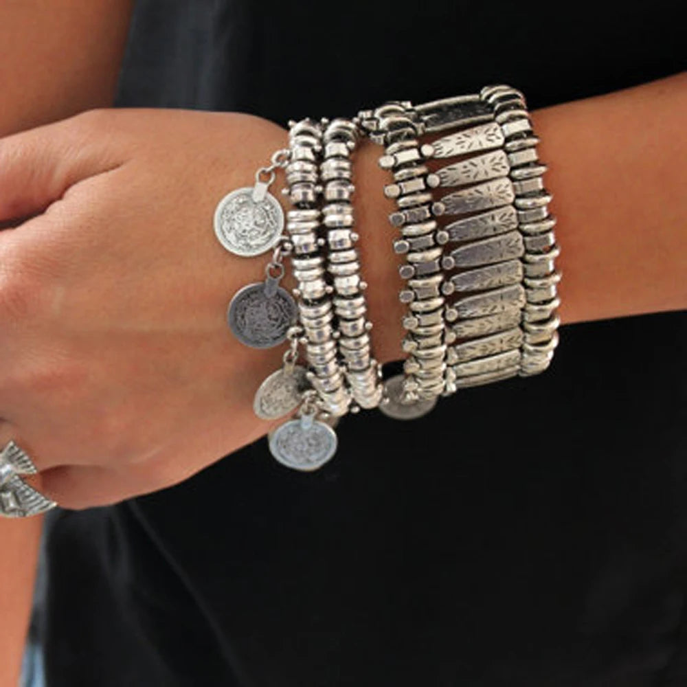 ヴィンテージシルバーゴールドコインブレスレット レディース メンズ ボヘミアン ヒッピー ビーチパーティー アフガニスタン トルコ マルセイユ エスニックブレスレット ジュエリー