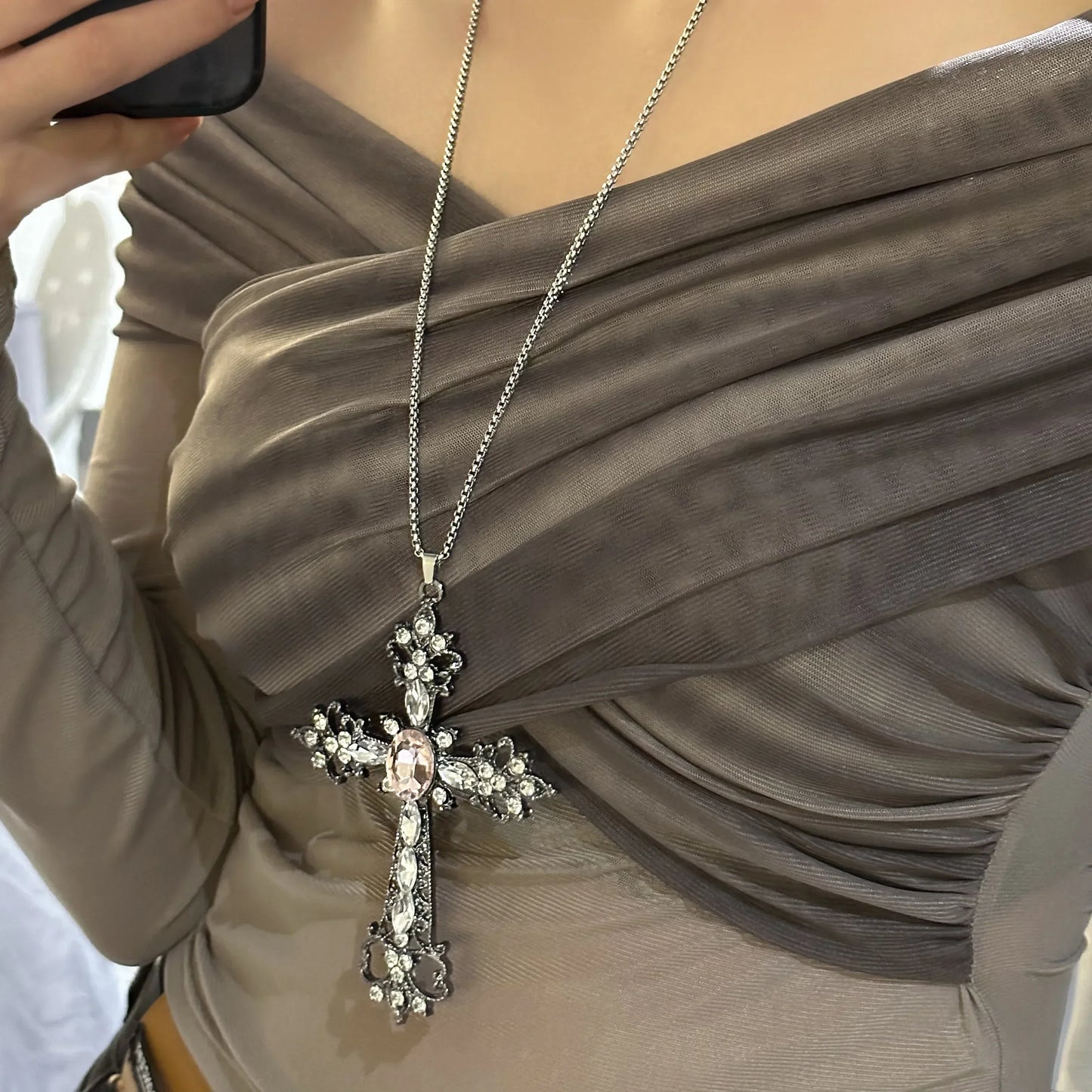 ゴシック ビッグジルコン クロスネックレス ユニセックス Y2K 不規則 ゴス ラージクロスペンダントネックレス メンズ レディース カップルネックレス ジュエリー