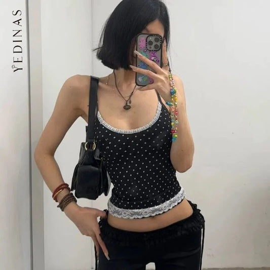 Yedinas Dot Patchwork Lace Halter Tops Sleeveless Tshitrs Tank Tops Summer Camisole Women Clothes Sexy Streetwear Y2k Chic