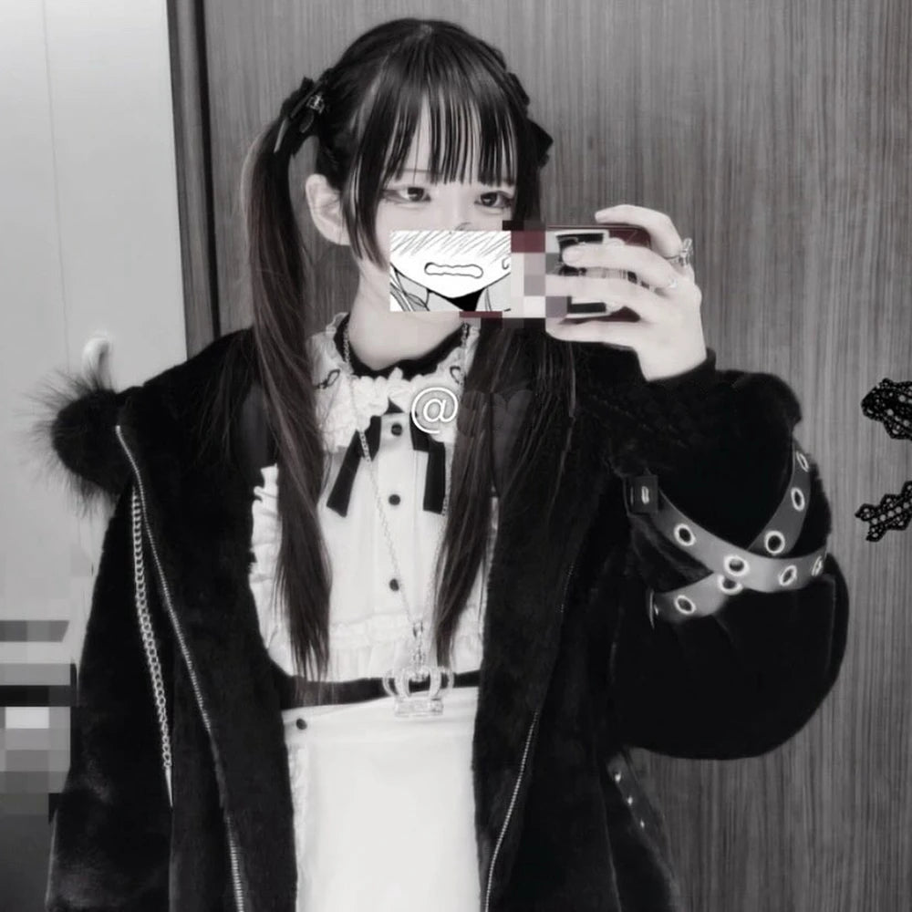 日本製マインシリーズ リベットクロス シープイヤー フード付きジャケット 冬物 新作 ゴスパンク ダークガールズ イミテーションファー プラッシュコート レディース