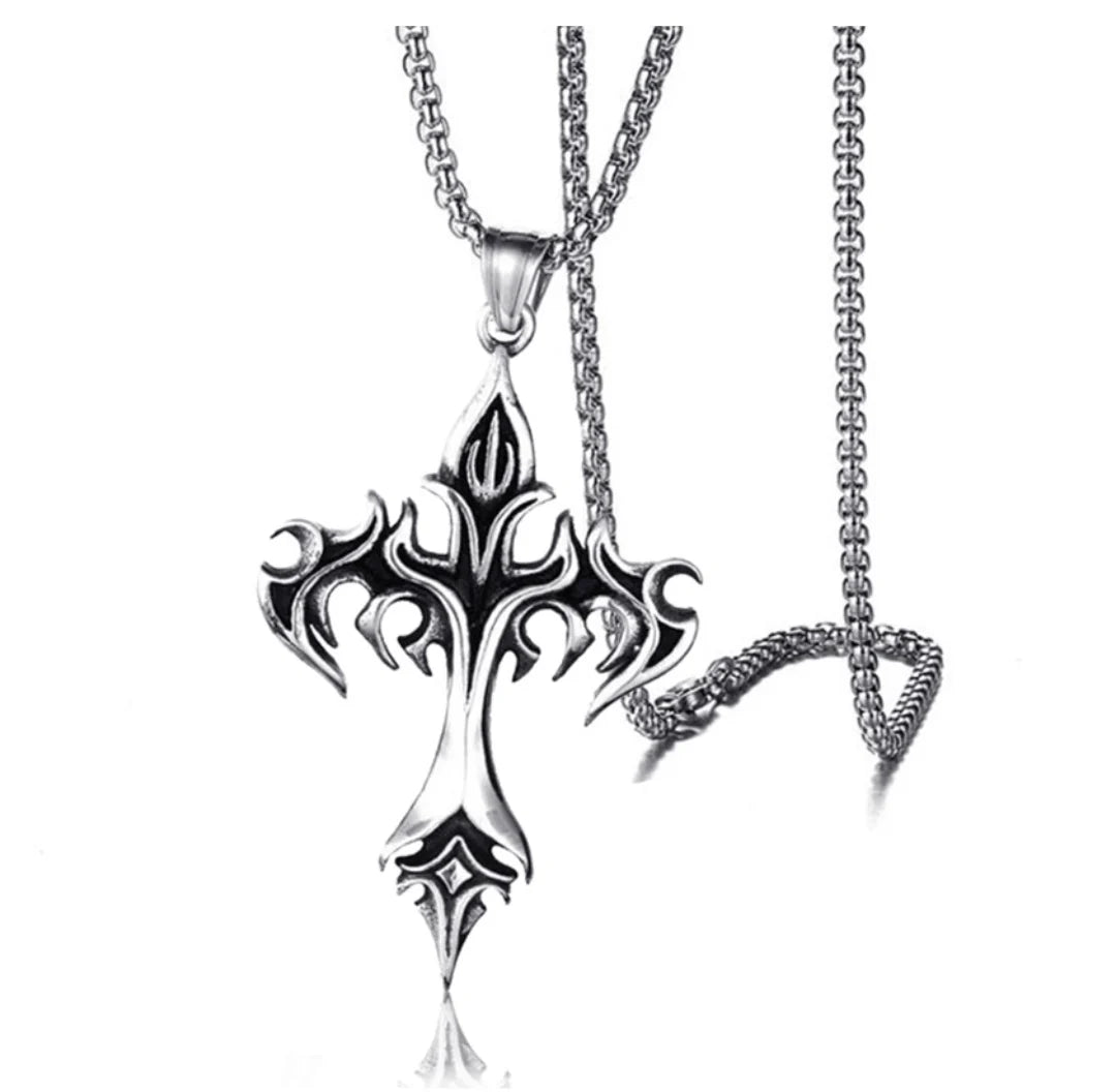 メンズファッション パンク フレイムクロスペンダントチェーンネックレス レディース 男性 ロングチェーン ヒップホップ ロック ゴシックジュエリーギフト