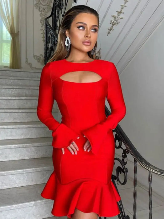 Women's Ruffles Bandage Dress Long Flare Sleeve Hollow Out Bodycon White Black Mini Sexy Elegant Nightclub Evening Party Dresses